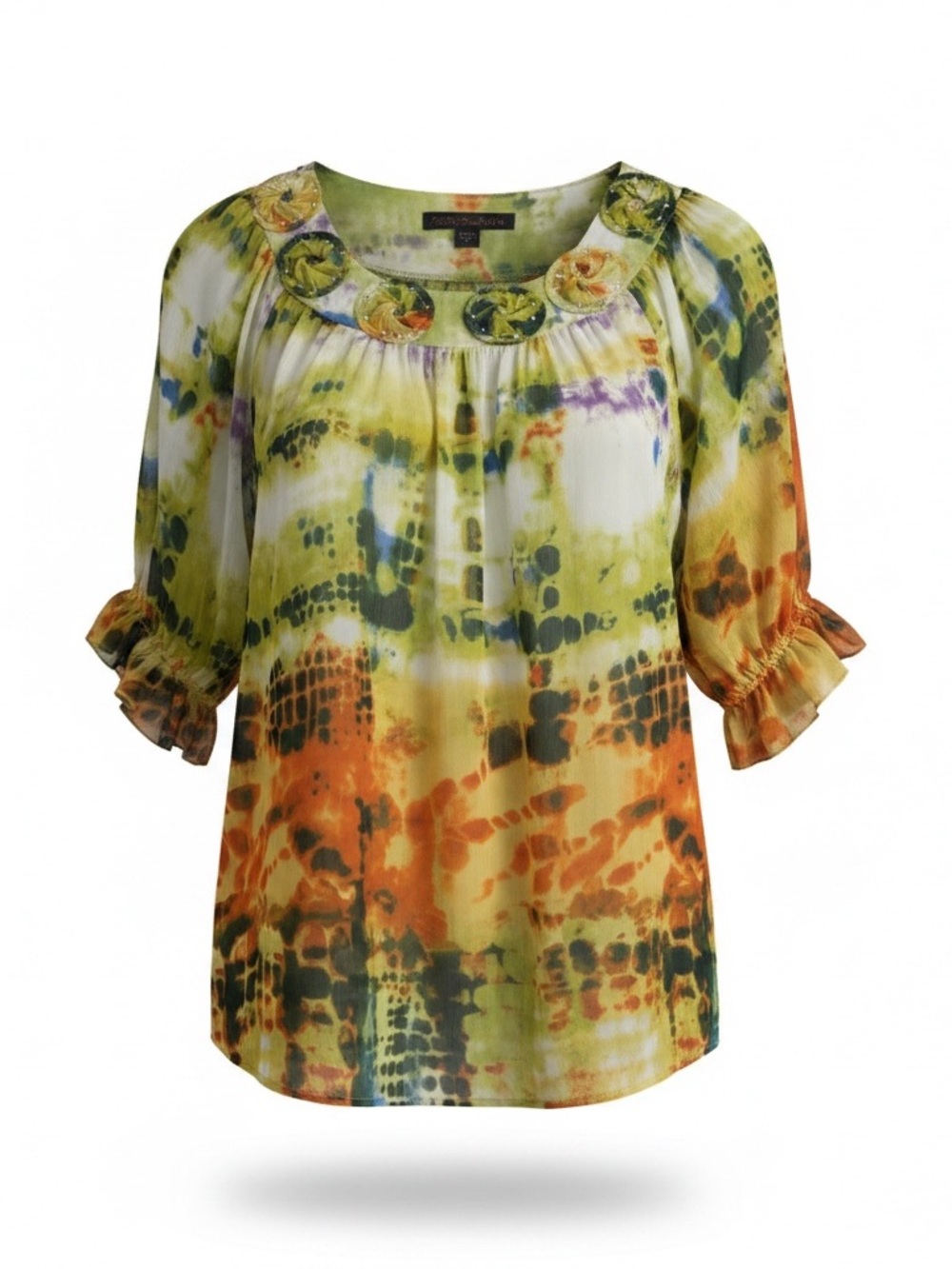 Anuschka Multicolor Tie-Dye Scoop Neck Blouse in Green and Orange